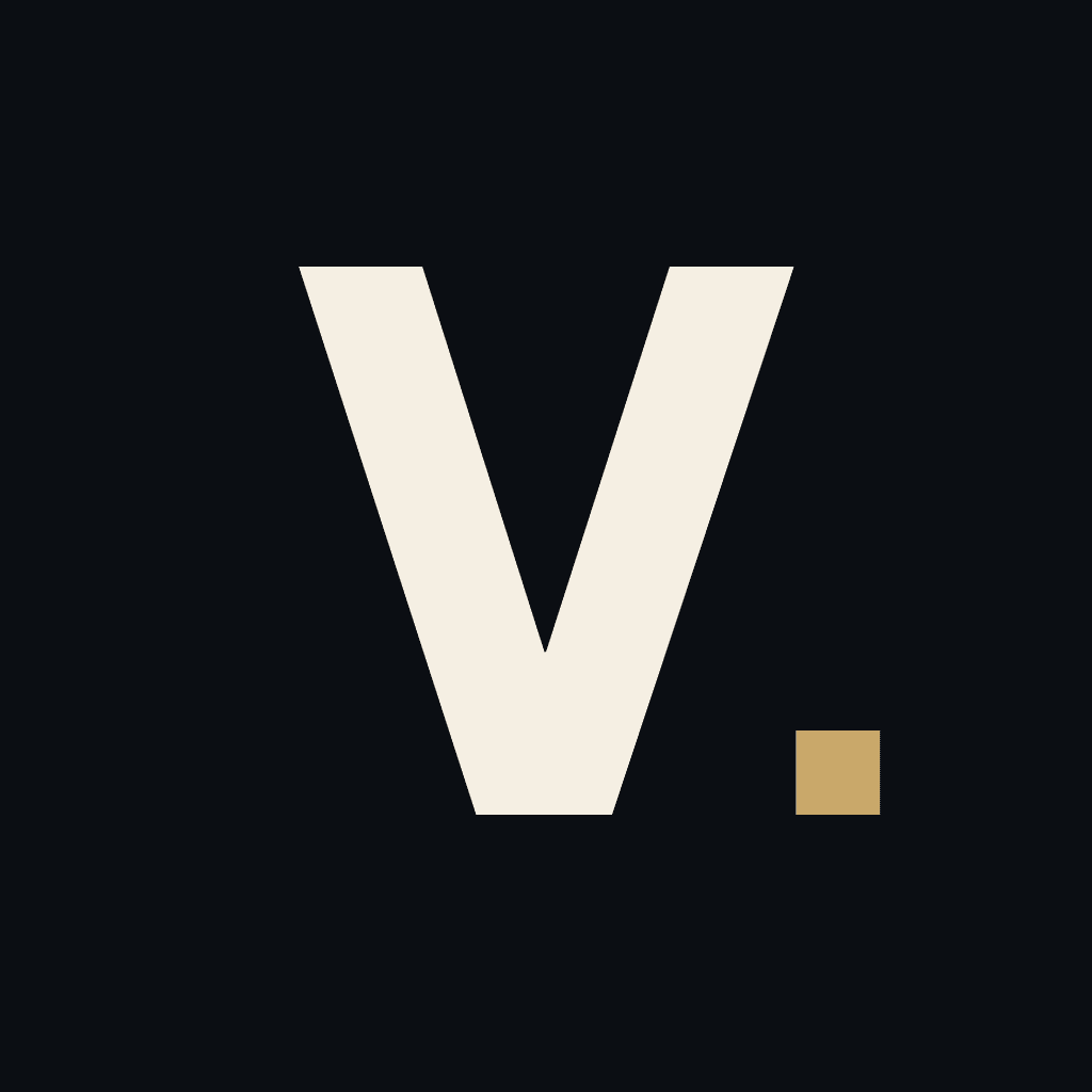 The Vane app icon: a cream V with a brass square on black